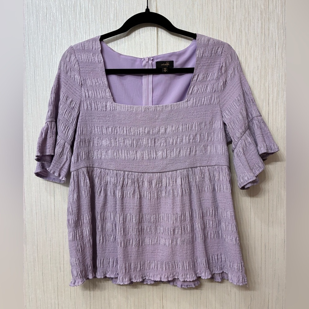Ontweift‎ Lilac Shirred Texture Peplum Top | Square Neck Ruffle Sleeves | Size M